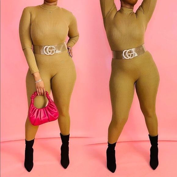 NEW FALL TRENDY MOCHA RIBBED MOCK NECK LONG SLEEVE MOCK NECK JUMPSUIT ROMPER - Picture 3 of 3